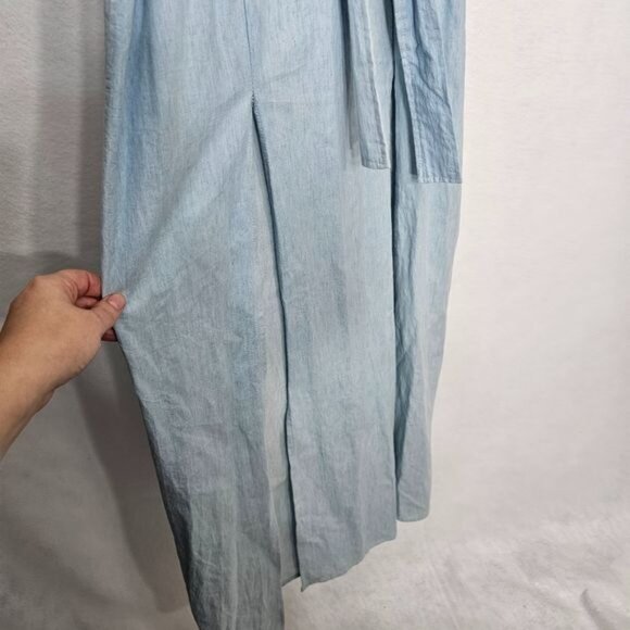 Lioness Blue Chambray Sleeveless Belted Pleated Maxi Dress Medium - Picture 8 of 10